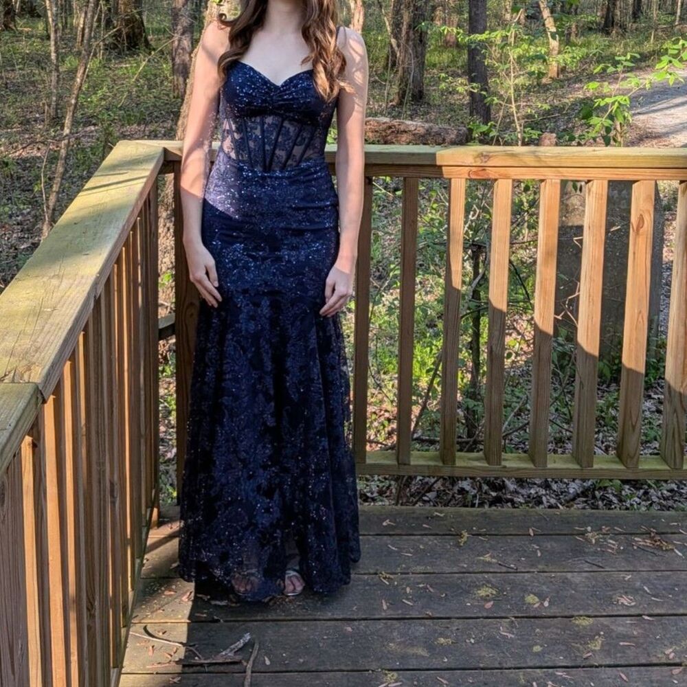 David's Bridal Blondie Nites Sweetheart Glitter Mermaid Dress with Lace-Up Back